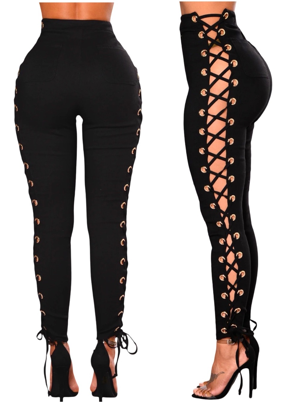 NWT ♡ “Cross My Side” Black & Gold Lace Up Pants